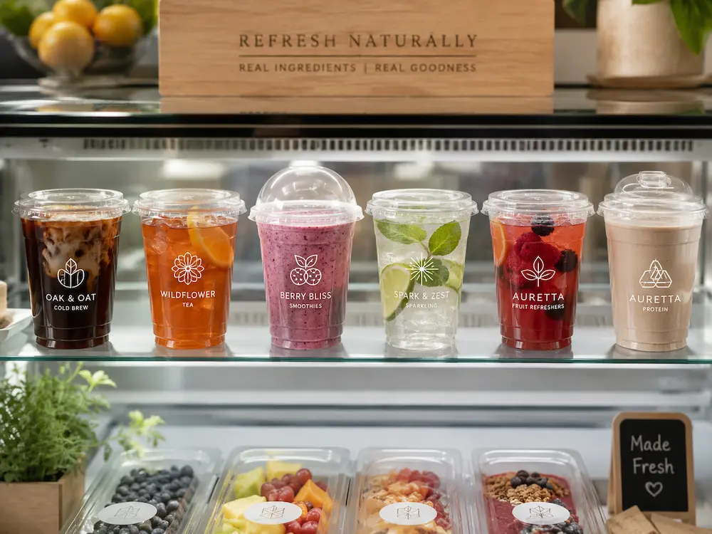 Beverage Brand Cups FAQ: Materials, Sizes, Uses, and Ordering Questions 5 Branded clear cold cups displayed in a refrigerated case for coffee, tea, smoothies, refreshers, and protein drinks