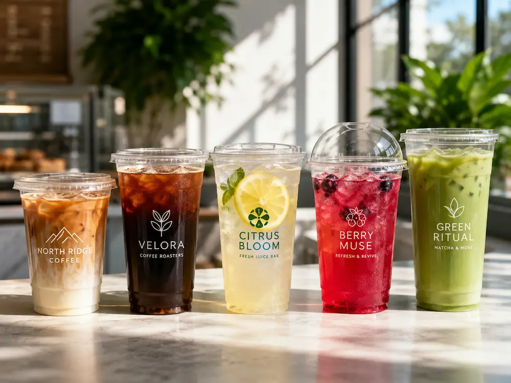 Beverage Brand Cups FAQ: Materials, Sizes, Uses, and Ordering Questions 1 Branded cold cups for iced coffee, lemonade, berry drinks, matcha, and cafe beverage menus
