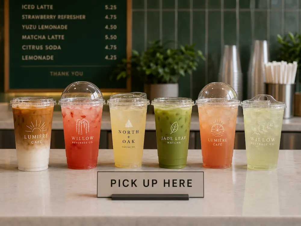 Branded cold cups for cafe takeaway drinks with clear lids and custom logo printing