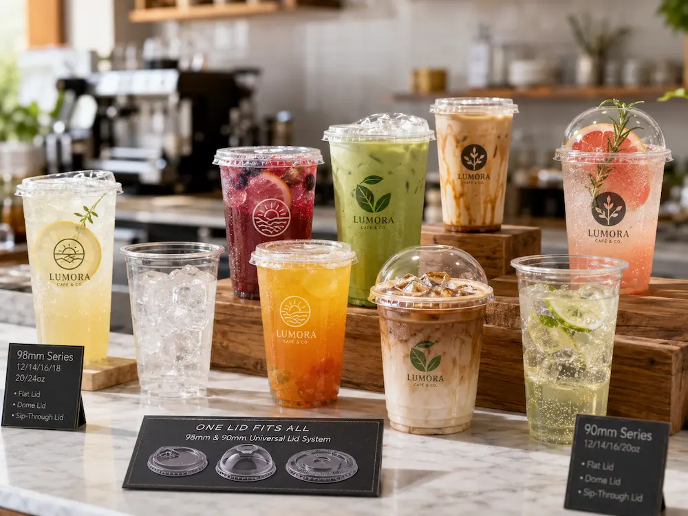 Branded PET cold cups for iced coffee, matcha, lemonade, refreshers, and cafe takeaway drinks