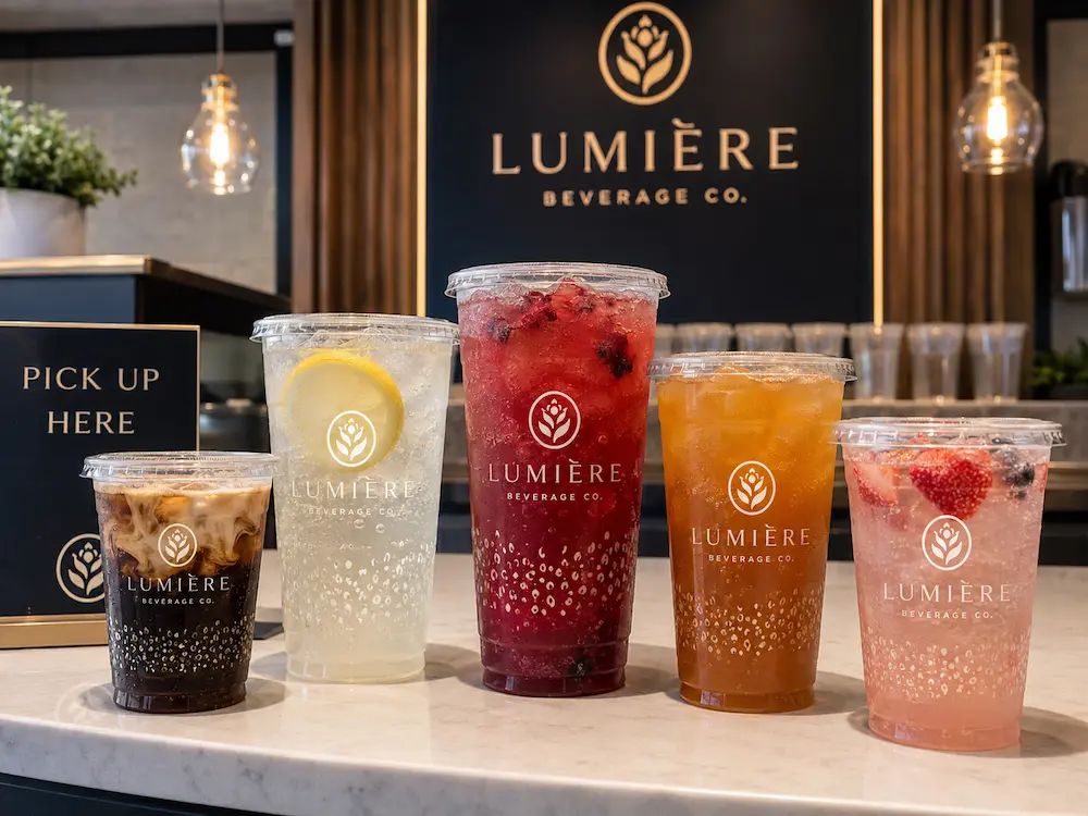 Wholesale Cold Cup Manufacturer Guide for Beverage Chains 2 Clear PET cold cups with custom beverage branding for iced coffee and sparkling fruit drinks