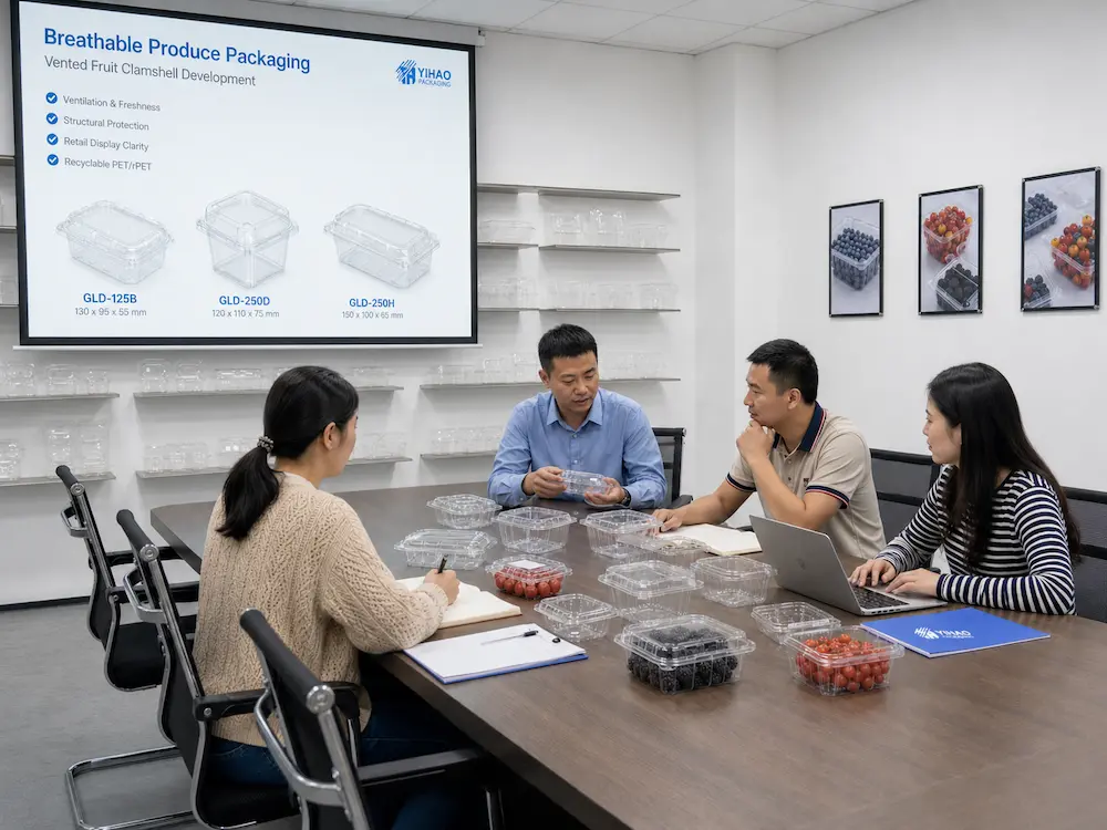 Best Breathable Produce Packaging for Retail Display, Takeaway, and Chilled Food 7 Packaging supplier team reviewing breathable produce packaging samples and vented fruit clamshell development