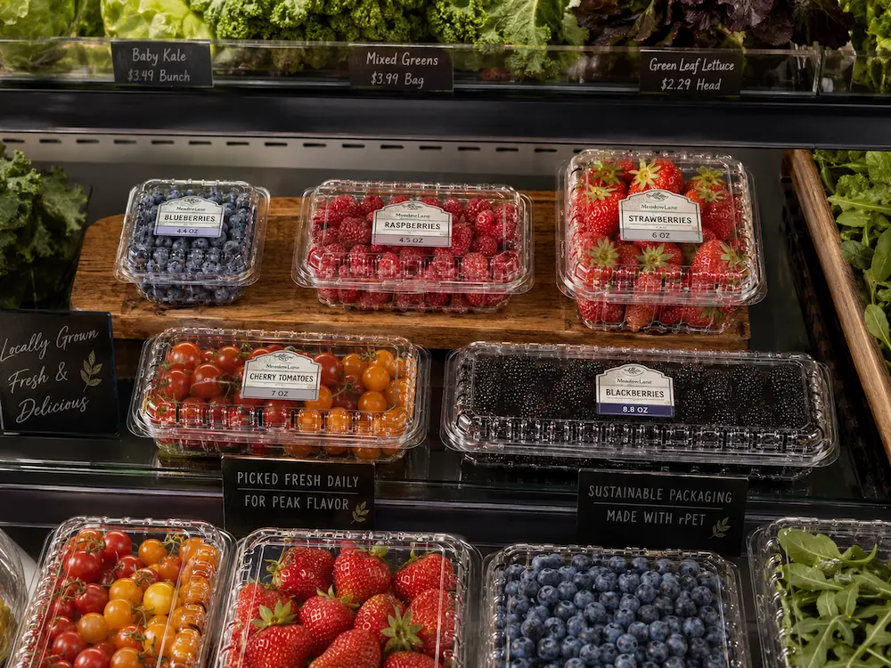PET Produce Clamshells FAQ: Materials, Sizes, Uses, and Ordering Questions 4 Breathable rPET produce clamshell containers for berries cherry tomatoes and fresh retail produce display