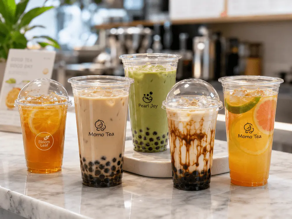 Bubble tea cups with milk tea, fruit tea, matcha, and boba drinks in clear PET cups