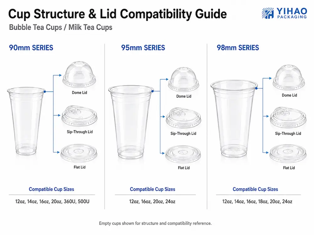 Bubble Tea Cups and Milk Tea Cups Complete Guide 3 Bubble tea cup structure and lid compatibility guide for 90mm, 95mm, and 98mm cup systems