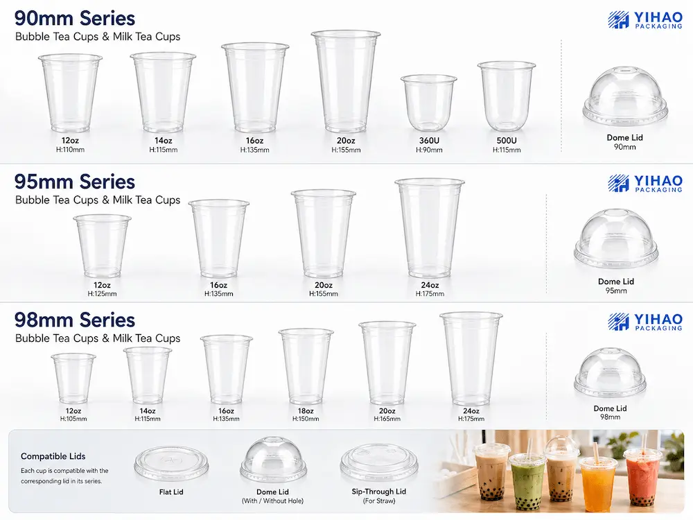 Bubble Tea Cups and Milk Tea Cups Complete Guide 4 90mm 95mm and 98mm bubble tea cup series with compatible dome lids and flat lids