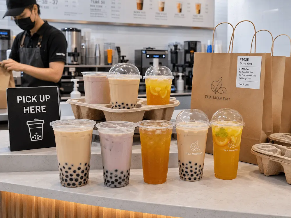 Wholesale PP Bubble Tea Cups: Manufacturer and Supplier Checklist 6 Bubble tea takeaway cups with dome lids at pickup counter