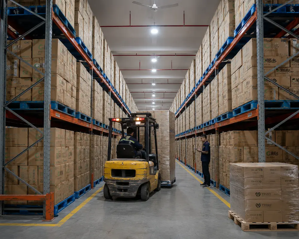 Bulk cold cup warehouse inventory with carton pallets and forklift handling for foodservice distribution