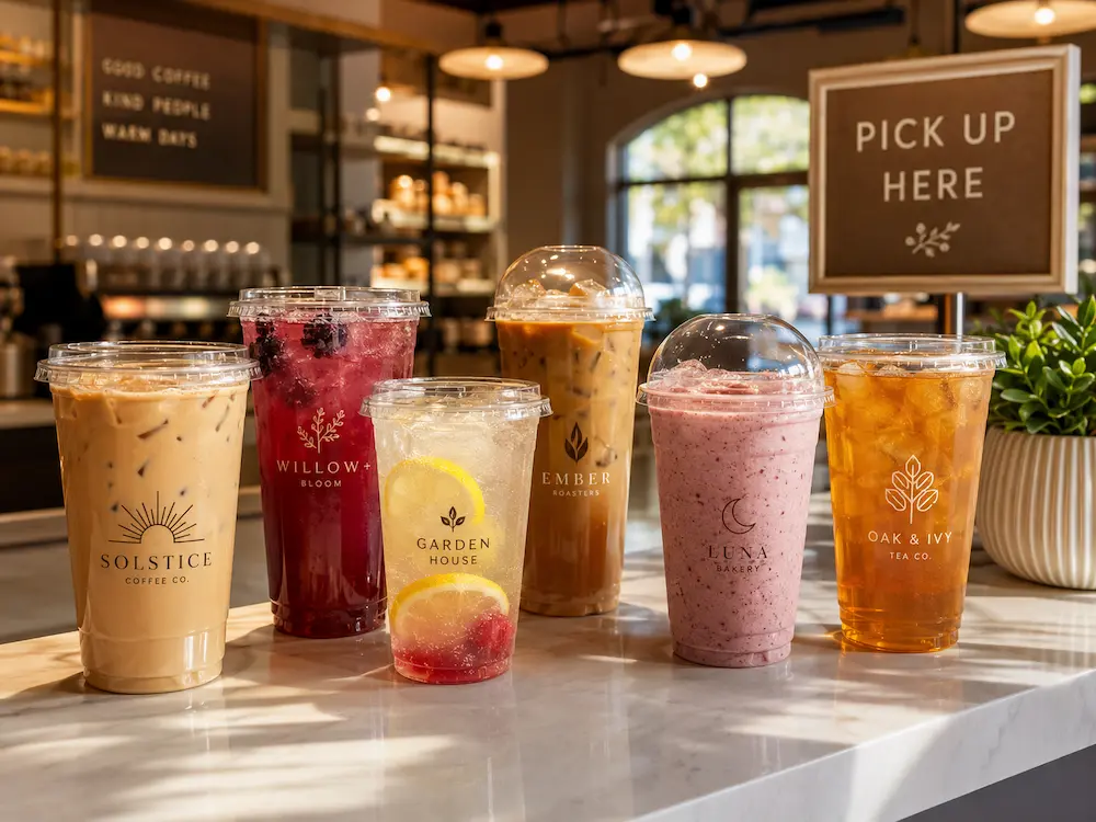 Bulk Cold Cups for Supermarkets, Cafes, Bakeries, and Foodservice Brands 2 Bulk cold cups displayed on a cafe counter for iced coffee, lemonade, smoothies, and takeaway beverages