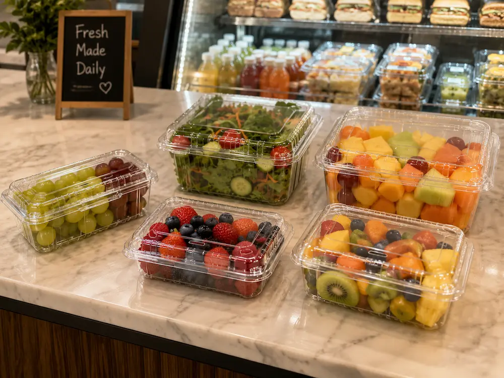 Clear bulk produce containers for cafe fruit cups salads and grab and go chilled food display