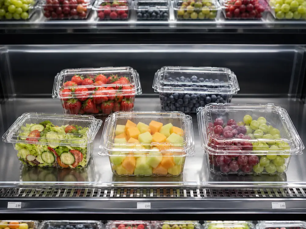Bulk produce containers displayed in a supermarket refrigerated case with berries grapes salad and cut fruit