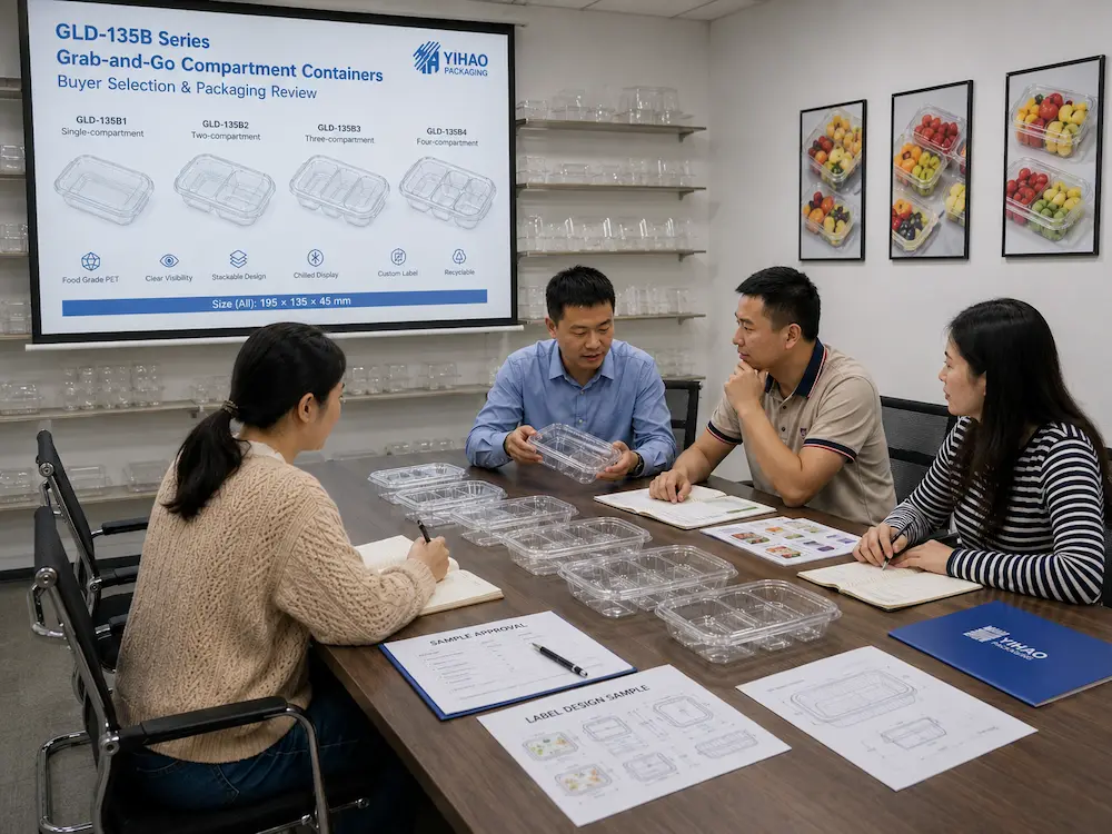 Buyer selection meeting for GLD-135B clear PET compartment containers