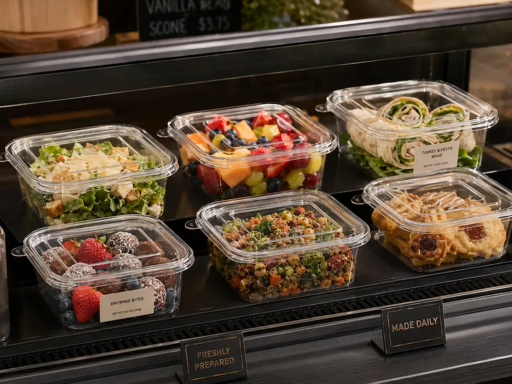 Cafe and bakery grab-and-go display with clear PET salad and deli containers