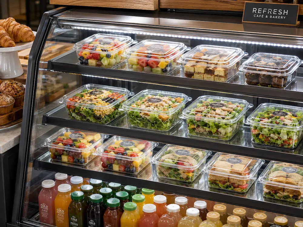Grab-and-Go Salad Containers for Retail: Complete Buying Guide 4 Clear PET salad containers displayed in a cafe bakery refrigerated case with fruit, salads, desserts, and sandwiches