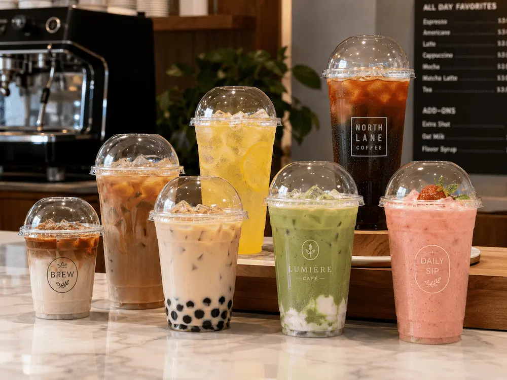 Dome Lid Cups for Supermarkets, Cafes, Bakeries, and Foodservice Brands 4 Clear PET dome lid cups for iced coffee, lemonade, matcha, milk tea, and smoothies in a cafe setting