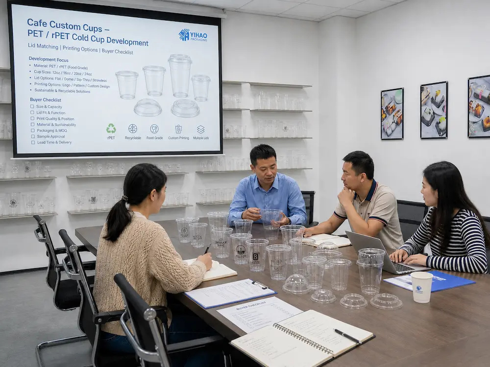 Cafe custom cups buyer meeting for PET cold cup samples, lid matching, and printing approval