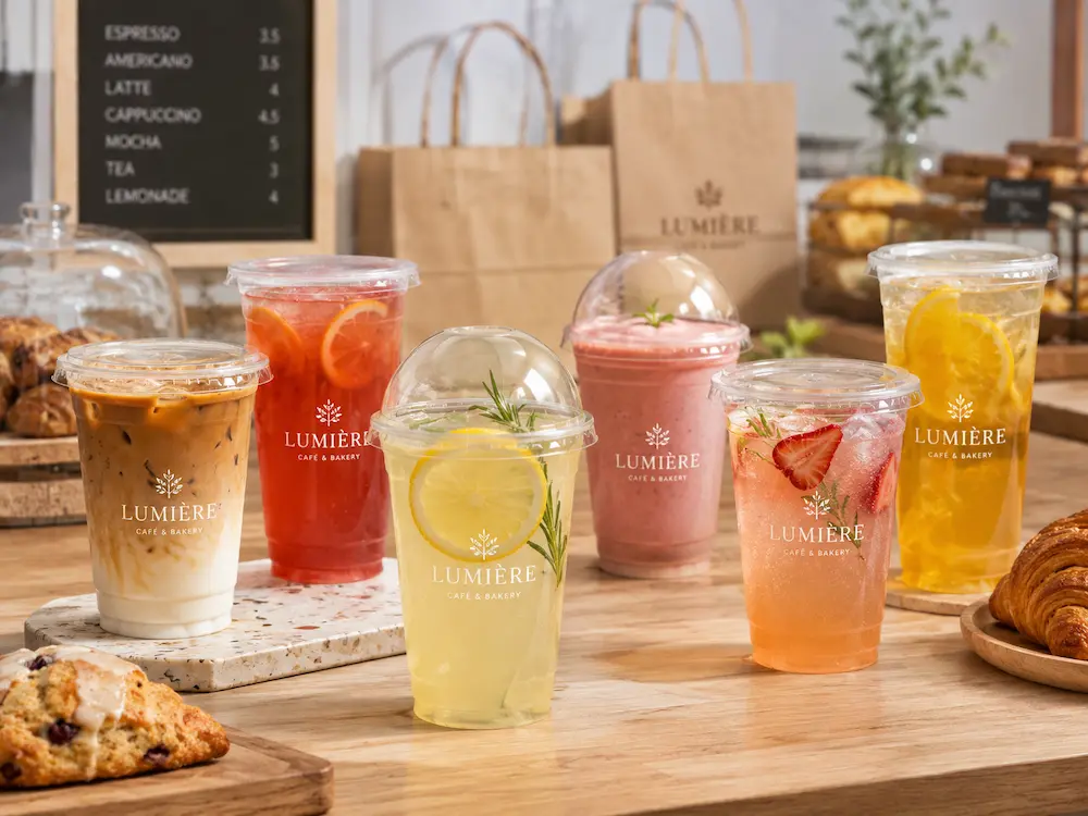 Wholesale Custom Cups for Supermarkets, Cafes, Bakeries, and Foodservice Brands 2 Custom printed cold cups for iced coffee, lemonade, refreshers, smoothies, and bakery takeaway service