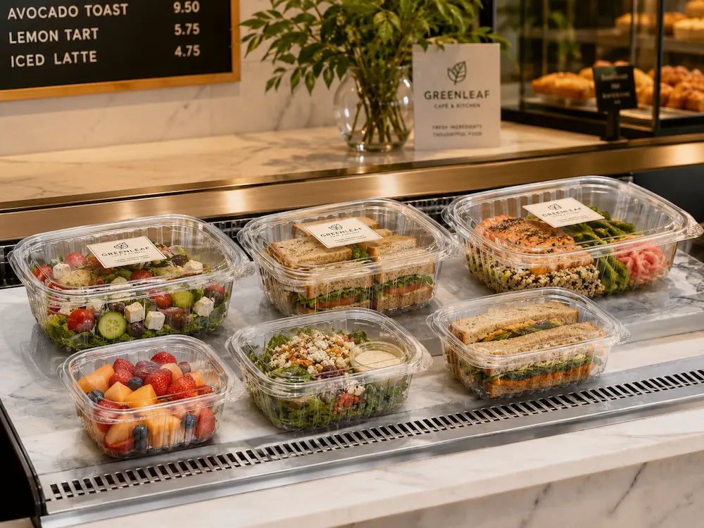 Clear PET deli and salad containers for cafe grab-and-go salads, sandwiches, fruit, and prepared meals