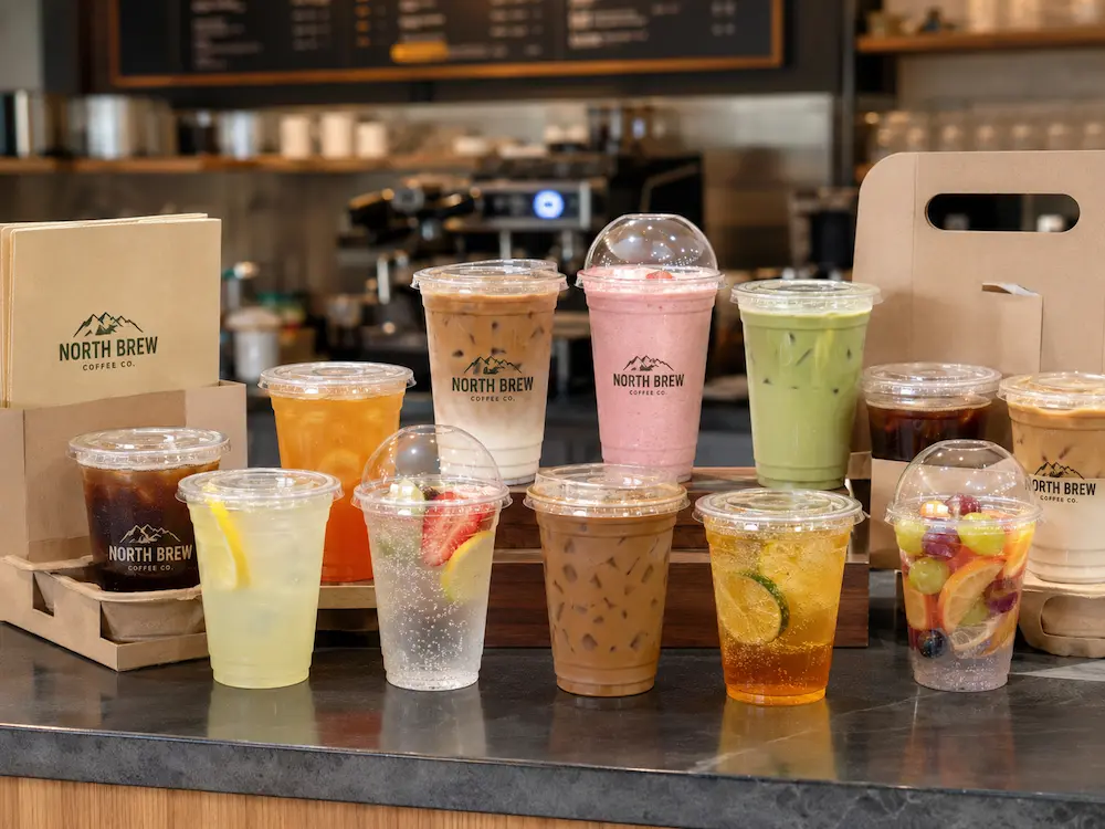 Cold Cup Size and Lid Compatibility System Complete Guide 4 PET cold cups with flat dome and sip-through lids for cafe drinks