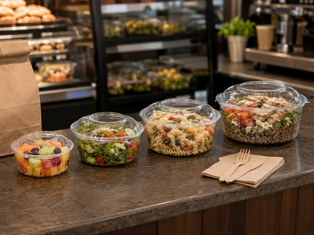 Clear hinged salad containers for cafe takeaway salads and fruit portions
