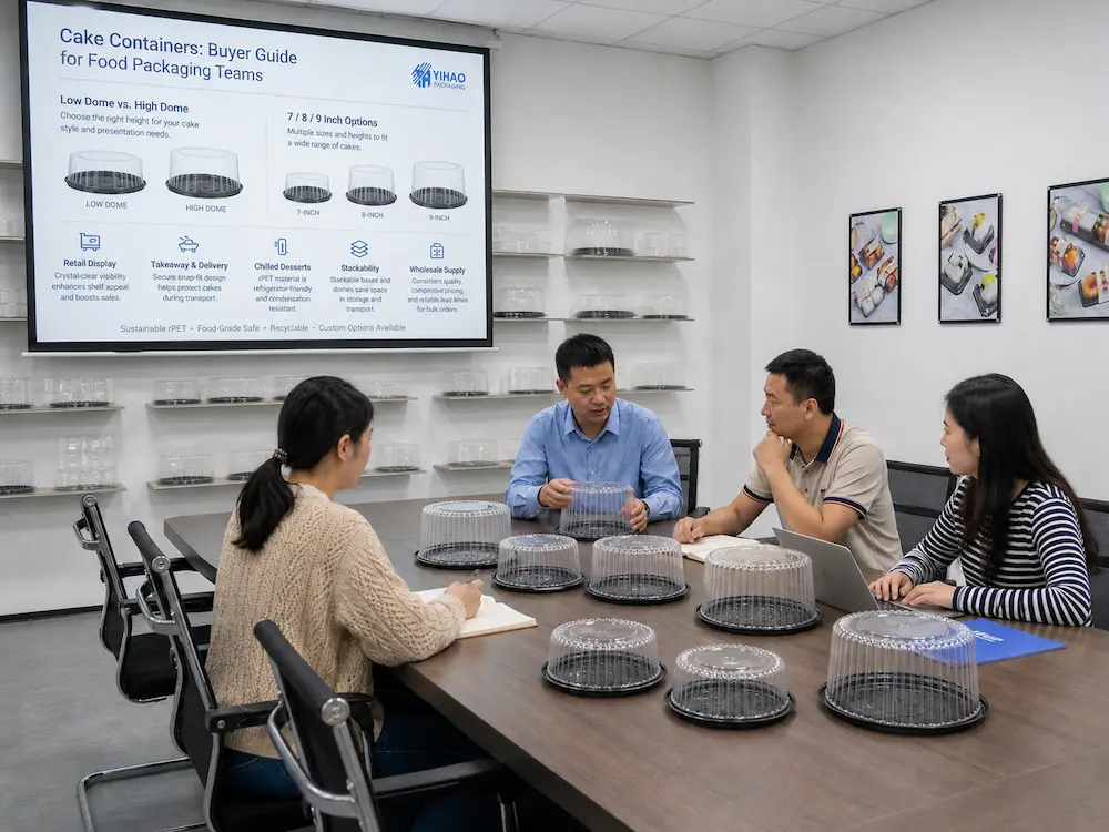 Cake Containers: Buyer Guide for Food Packaging Teams 1 Packaging team reviewing clear PET round cake containers in a YIHAO sample meeting room