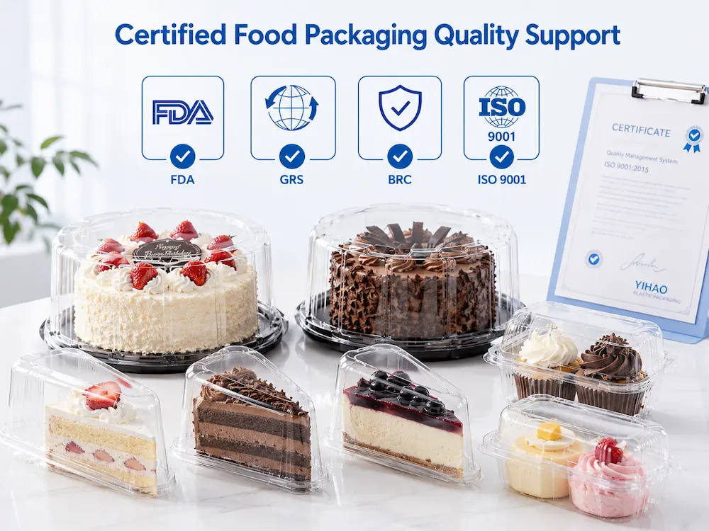 Clear PET cake containers and bakery dessert boxes with FDA, GRS, BRC and ISO 9001 quality support icons