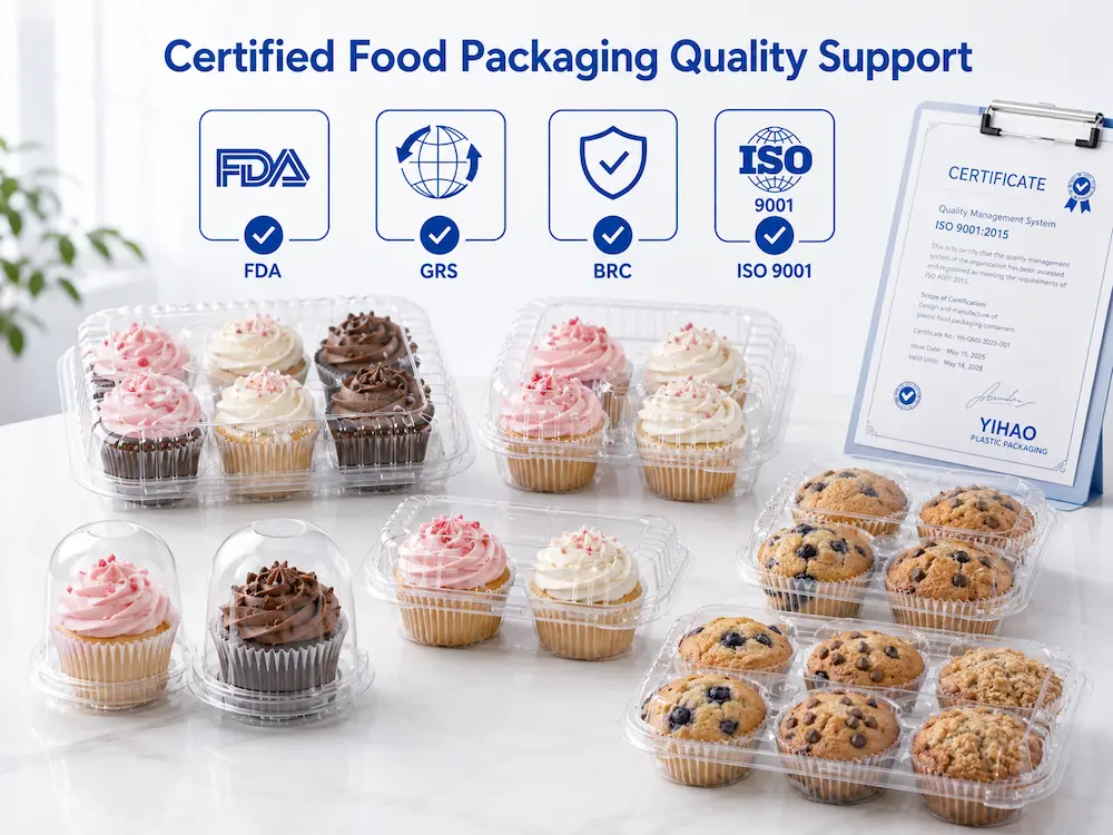 Clear PET cupcake and muffin containers with FDA, GRS, BRC and ISO 9001 food packaging quality support icons
