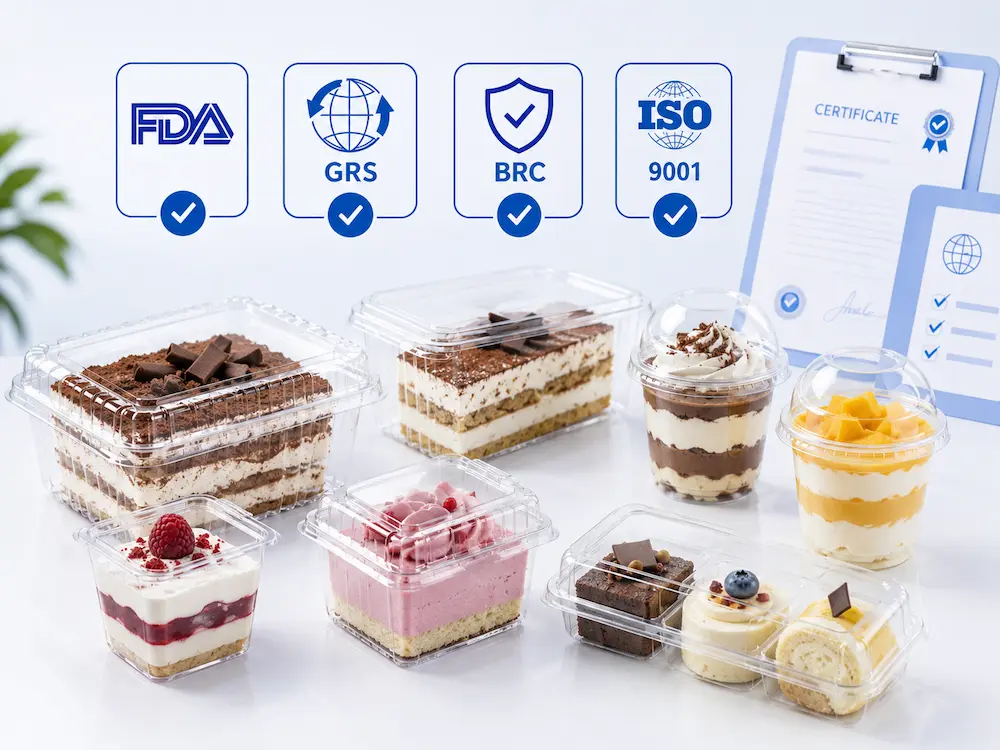 Certified food packaging quality support for clear PET dessert containers with lids, dessert cups, and bakery dessert packaging