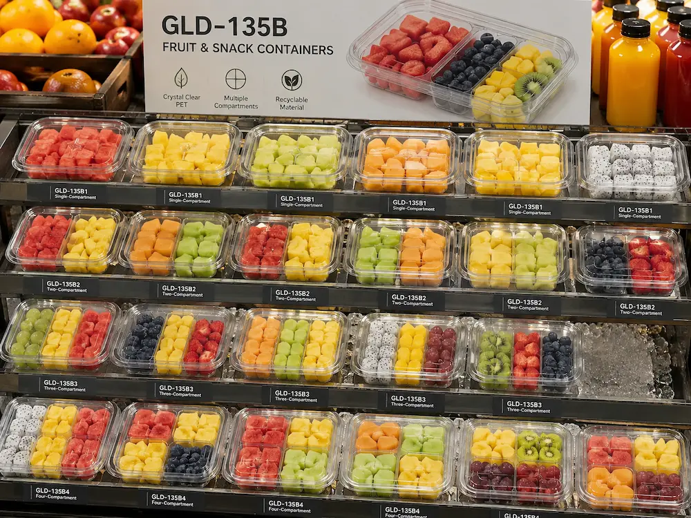 Wholesale Fruit Cup Packaging: Manufacturer and Supplier Checklist 5 Chilled display performance for clear PET fruit cup packaging with actual fruit and retail labels