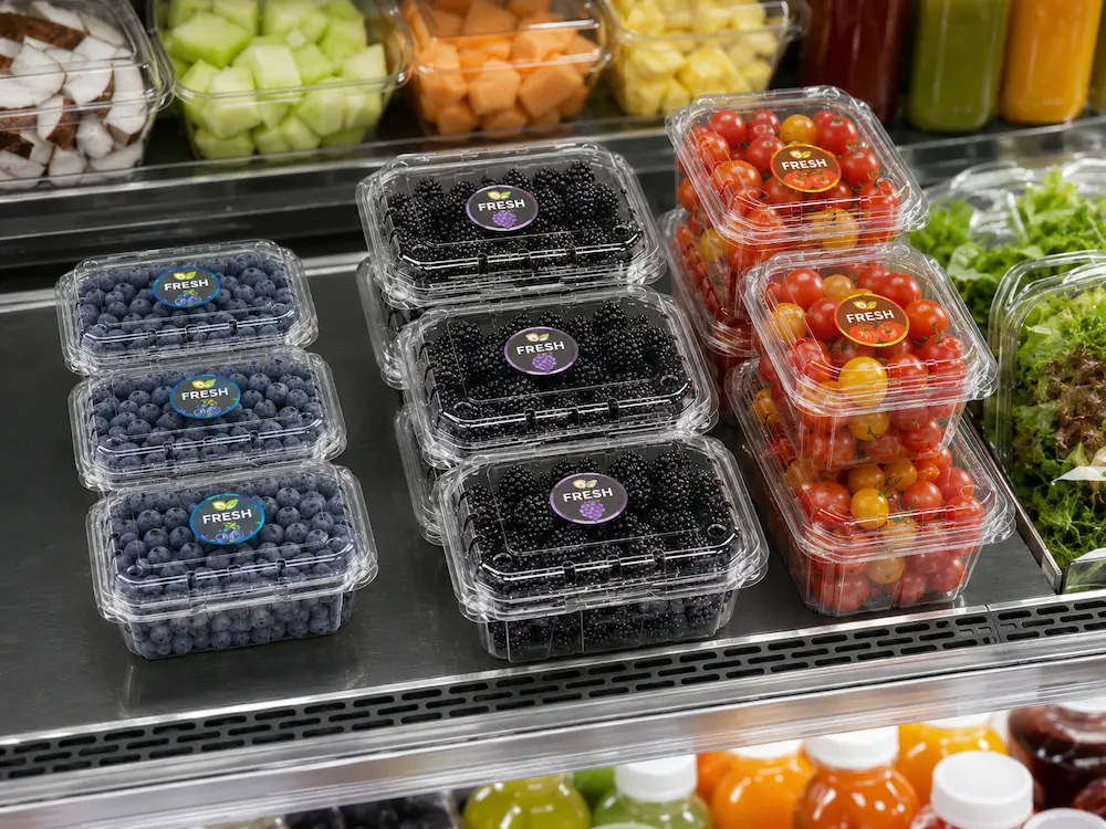 Vented Fruit Clamshells: Buyer Guide for Food Packaging Teams 4 Chilled display testing for vented fruit clamshell packaging with berries and fresh produce
