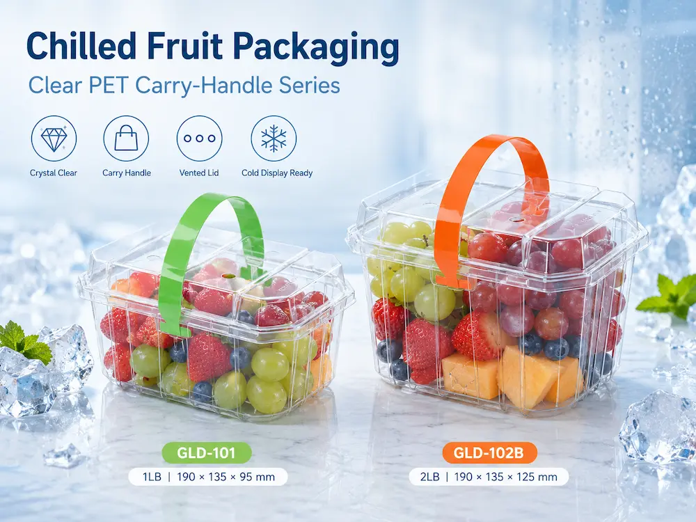 Chilled fruit packaging with clear PET carry-handle containers for fresh-cut fruit display