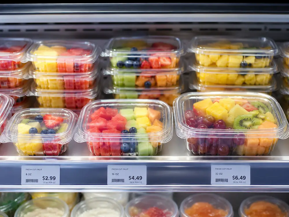 Chilled ready-to-eat fruit containers displayed in a supermarket grab-and-go refrigerator
