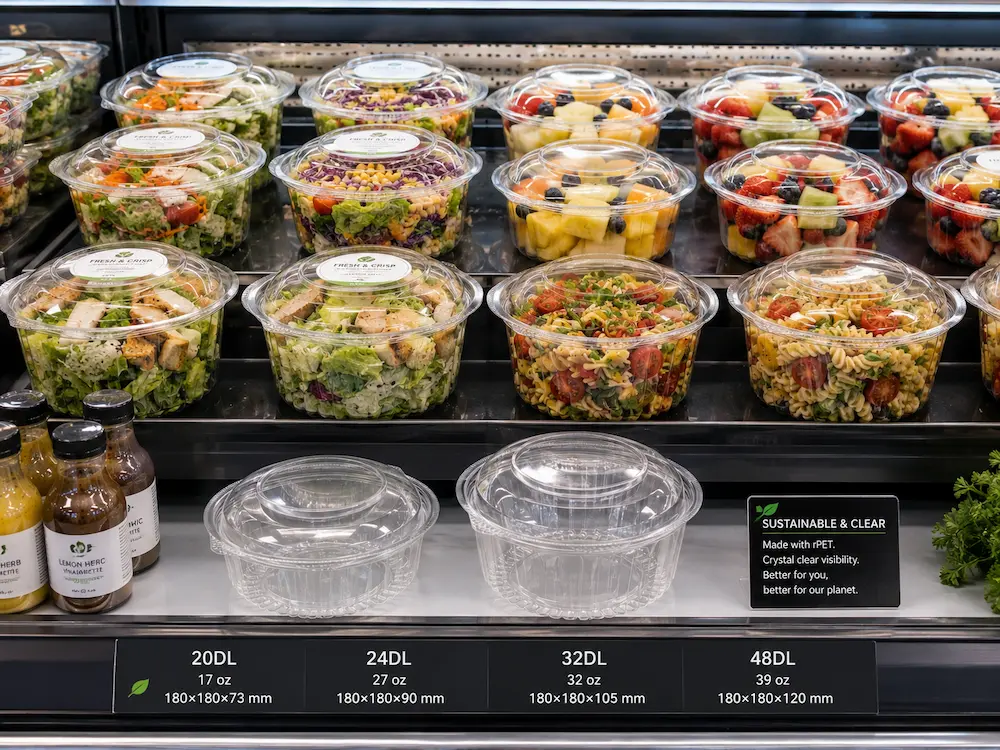 Chilled Salad Packaging FAQ: Materials, Sizes, Uses, and Ordering Questions 1 Clear PET chilled salad packaging bowls displayed with salads and fruit in a refrigerated case