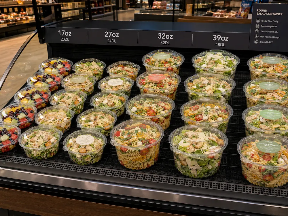 Chilled salad packaging containers displayed in a supermarket refrigerated case