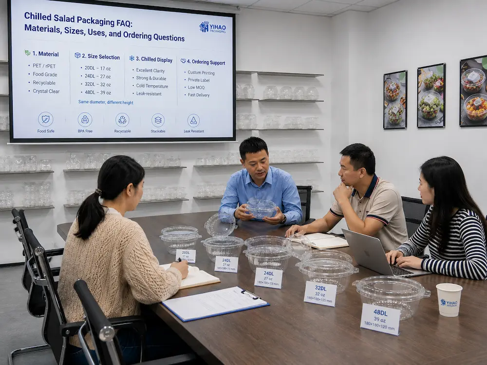 Chilled Salad Packaging FAQ: Materials, Sizes, Uses, and Ordering Questions 6 Packaging team reviewing chilled salad container samples for materials, sizes, uses, and ordering questions