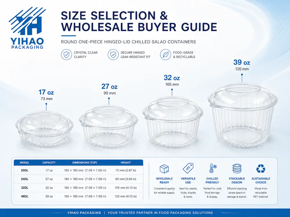Chilled Salad Packaging FAQ: Materials, Sizes, Uses, and Ordering Questions 3 Size selection guide for 17 oz, 27 oz, 32 oz, and 39 oz chilled salad containers