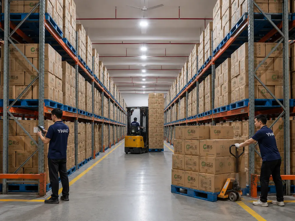 Chilled Salad Packaging FAQ: Materials, Sizes, Uses, and Ordering Questions 8 YIHAO warehouse with stacked cartons of chilled salad packaging ready for wholesale shipment