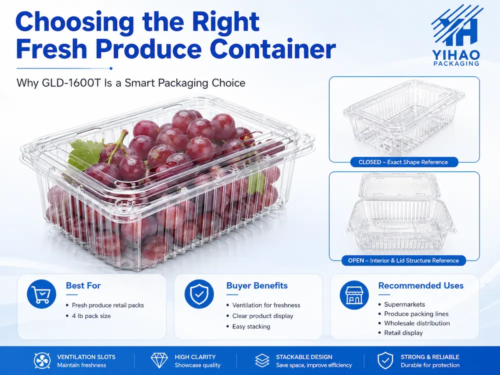 Vented Packaging Design for Fresh Produce, Cafes, Bakeries, and Foodservice Brands 4 Clear PET vented clamshell container for red grapes with buyer benefits and recommended fresh produce uses
