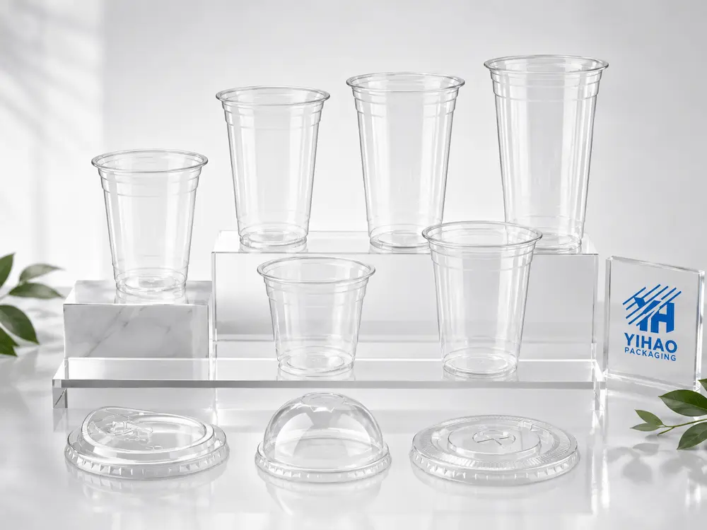 Clear 98mm PET cold cups and matching lids displayed as a complete cup lid system