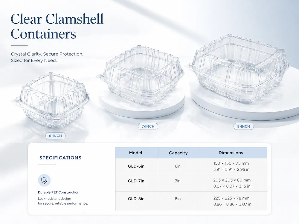 Clear clamshell container size guide showing PET hinged square containers in 6 inch, 7 inch, and 8 inch options