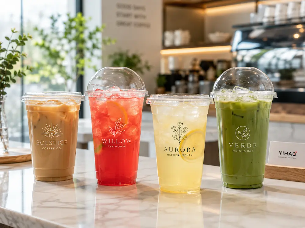 Clear cold cups for iced coffee, lemonade, fruit tea, and matcha drinks on a cafe counter