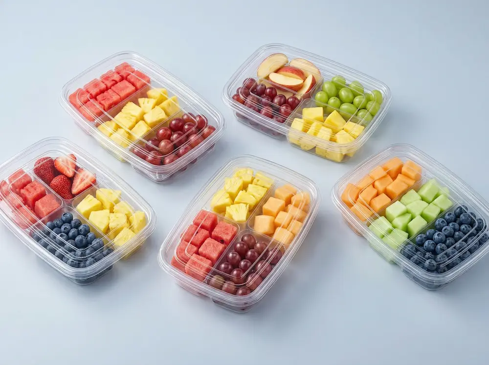 Clear compartment PET fruit trays for mixed fruit, grapes, pineapple, watermelon, berries, and fresh snack packaging