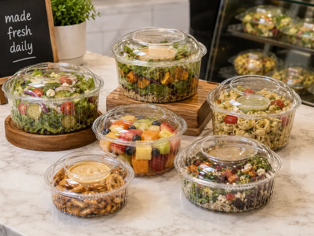 Clear deli containers for cafe grab-and-go salads, fruit, snacks, and pasta foods