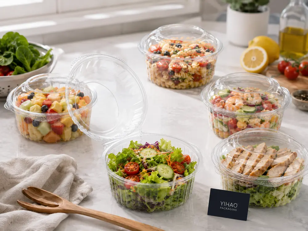 Clear PET deli containers filled with salad, fruit, pasta, and chilled ready-to-eat foods