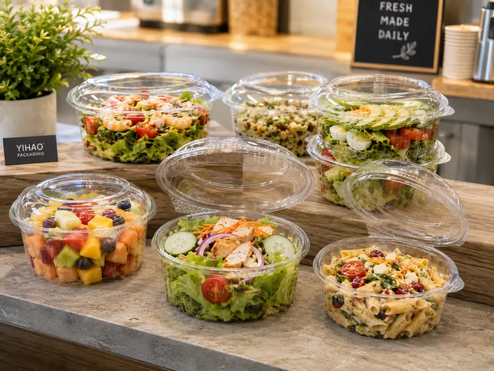 Clear deli containers displayed in a cafe with salads, fruit, pasta, and ready-to-eat foods