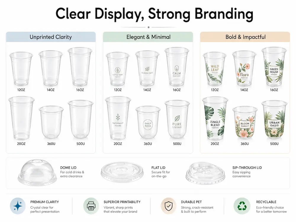 Printed PET cup branding options comparing unprinted clarity, minimal logo printing, and bold full-body designs