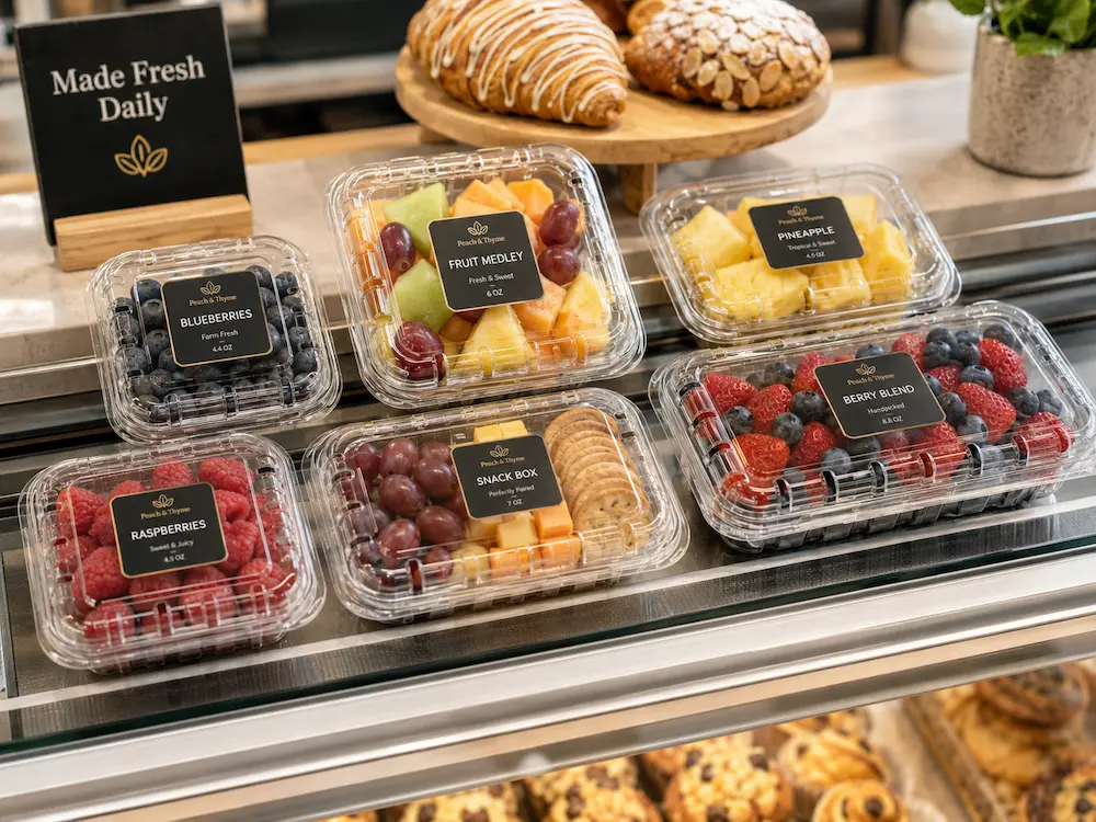Clear fruit clamshell containers for cafe bakery and grab and go fresh fruit display