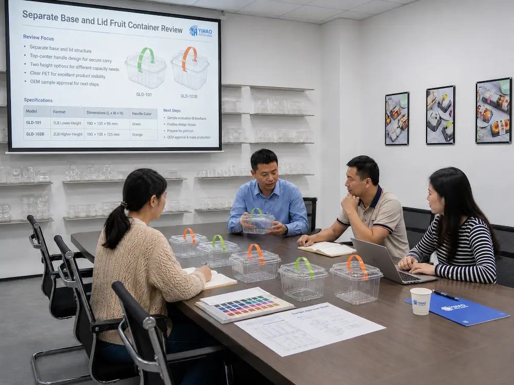Clear fruit container sample review meeting for size, lid, handle, and material evaluation
