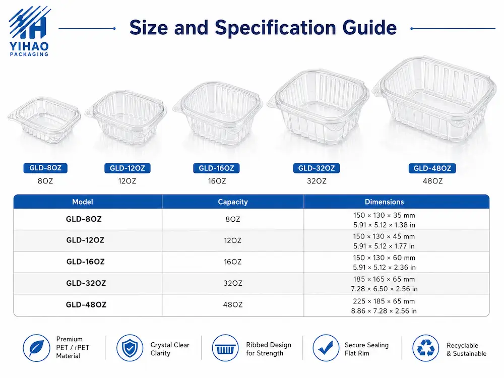 Clear fruit container size and specification guide for PET and rPET packaging