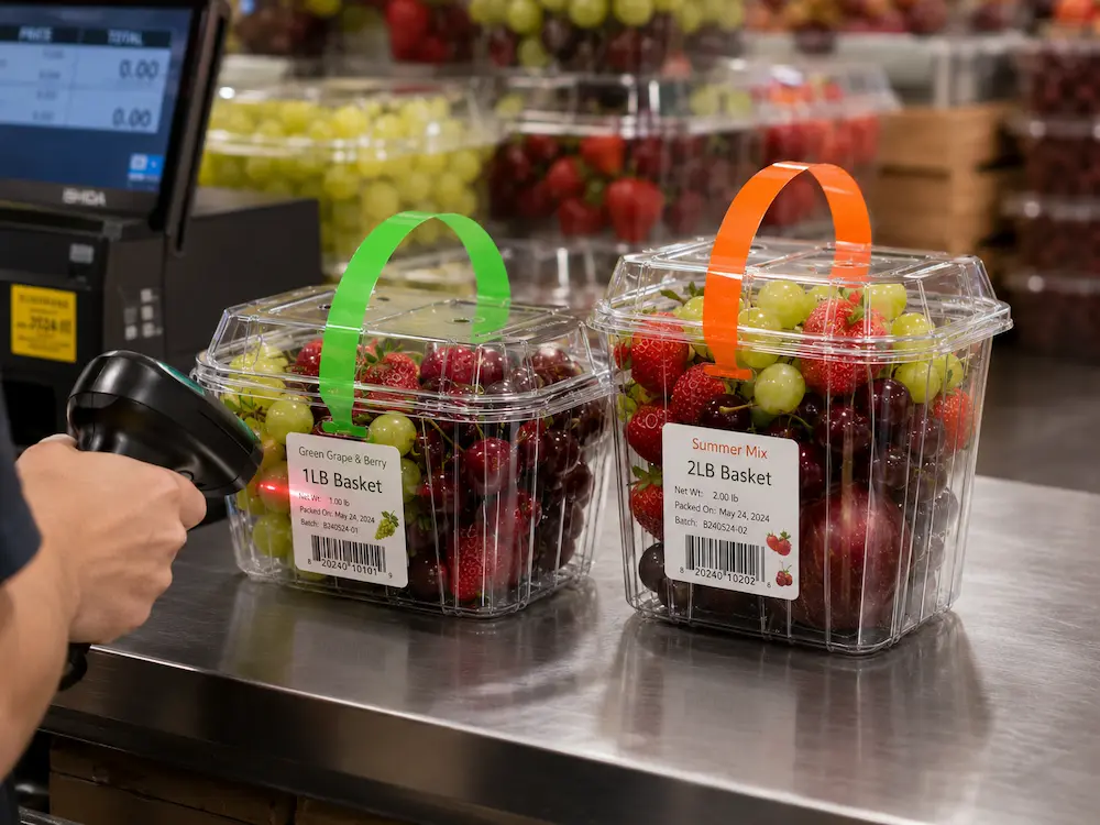 Wholesale Clear Fruit Packaging: Manufacturer and Supplier Checklist 6 Barcode scanning on clear fruit packaging with retail labels and handled containers